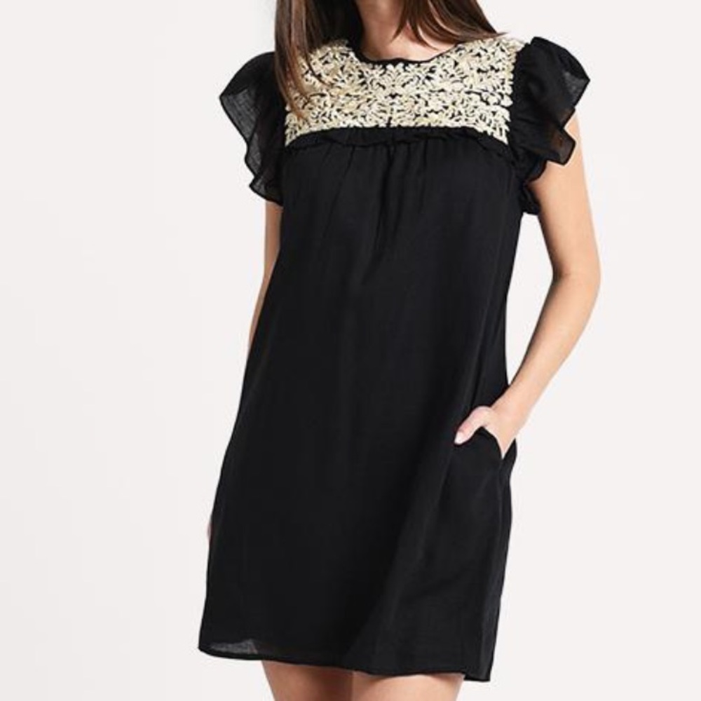 J. Marie Black Mini Dress with Cream Embroidered Yoke NWT Size XS